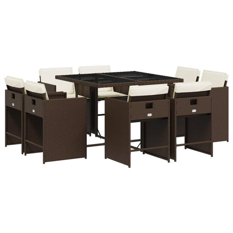 vidaXL 9 Piece Patio Dining Set - Outdoor Garden Furniture, Brown Poly Rattan with Cushions, Tempered Glass Tabletop, Foldable Chairs for Compact Storage, 3277964