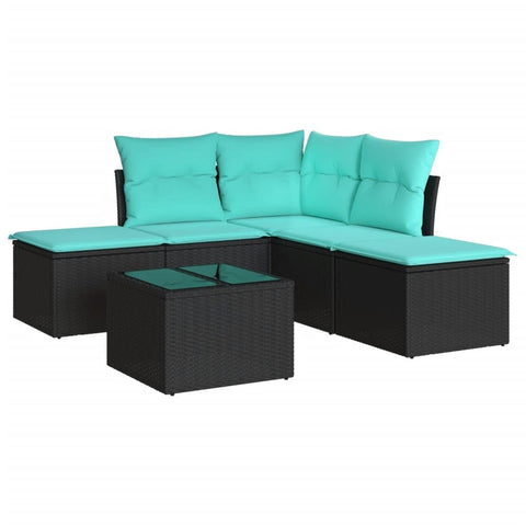 vidaXL Patio Sofa Set with Cushions 6 Piece, Sectional Sofa with Glass Table, Outdoor Conversation Set, Modern Style, Black Poly Rattan