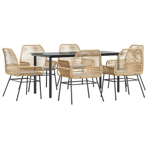 vidaXL 7-Piece Patio Dining Set with Cushions - Brown Poly Rattan and Glass - Tempered Glass Table - Outdoor Furniture - Garden/Deck Lounge