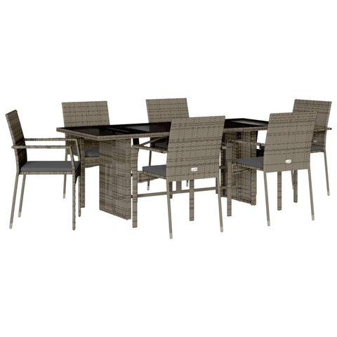 vidaXL 7-Piece Patio Dining Set - Gray PE Rattan with Cushions and Tempered Glass Table for Garden, Backyard, Patio