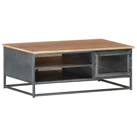 vidaXL Solid Acacia Wood Coffee Table with Storage Compartments and Glass Door, Stylish Hardwood Center Table with Steel Legs for Living Room or Office, Gray, 35.4"x19.7"x13.8"