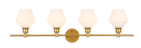 Living District Gene Industrial Mid-Century Modern 4 Light Entryway and Bathroom Wall Sconce in Brass and Frosted White Glass