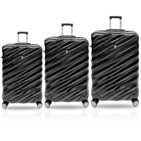 TUCCI Italy Storto 3 Piece Fashion Spinner Wheel Luggage Suitcase Set - Black