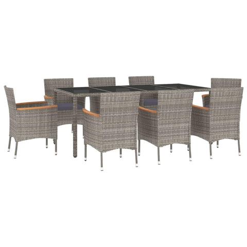 vidaXL 9 Piece Gray Poly Rattan Patio Dining Set with Cushions - Modern Outdoor Furniture with Steel Frame and Tempered Glass Tabletop