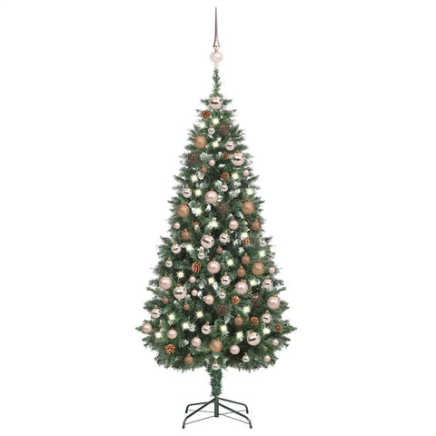 vidaXL Artificial Christmas Tree-Pre-lit with LED Lights, Glitter Branches, Pine Cones, Ball Set and Peak, Iron Base-Stable & Reusable