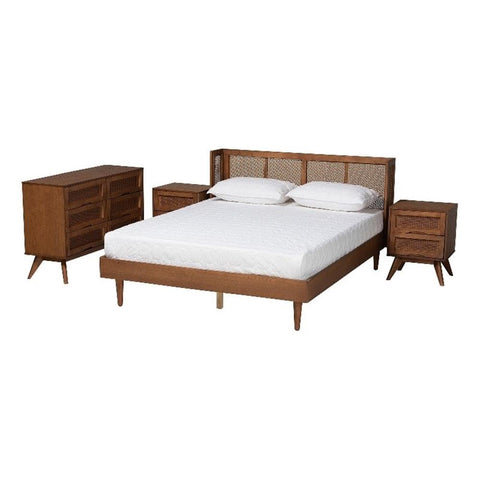 Baxton Studio Rina Ash Walnut Wood 4-Piece Queen Size Bedroom Set with Rattan