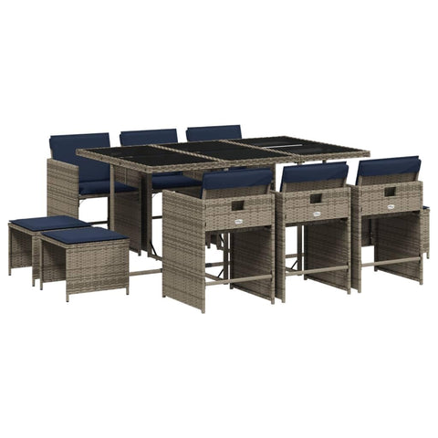 vidaXL Patio Dining Set 11-Piece with Cushions â€“ UV-Resistant PE Rattan, Gray Modern Outdoor Garden Furniture with Compact Storage, Tempered Glass Tabletop, for Deck Backyard