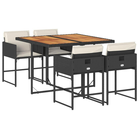 vidaXL 5 Piece Patio Dining Set - Black Poly Rattan Outdoor Furniture w/Cushions - Rectangular Acacia Wood Table for Garden, Backyard, Deck