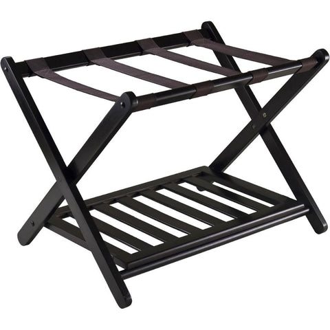 Oakestry Reese Luggage Rack With Storage Shelf Espresso Finish Solid Composite Wood Construction With Rich Espresso Finish Stylish Freestanding Rack With Built in Storage Shelf and Foldable Design