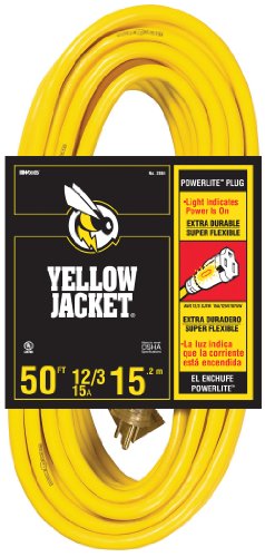 Yellow Jacket 2884 12/3 Heavy-Duty 15-Amp SJTW Contractor Extension Cord with Lighted Ends, Ideal for Heavy Duty Equipment and Tools, Durable Clear Molded Plugs, High Gloss Yellow Jacket, 50-Feet