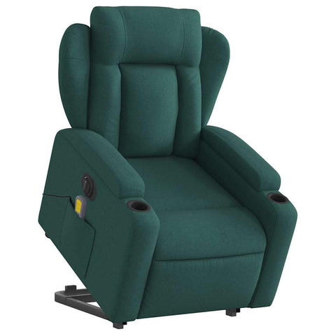 vidaXL Electric Massage Recliner-Lift Chair-Dark Green Polyester-Fabric Power Recline & Lift-Assist with Vibration Massage-Cup Holders & Storage-Seniors & Relaxation
