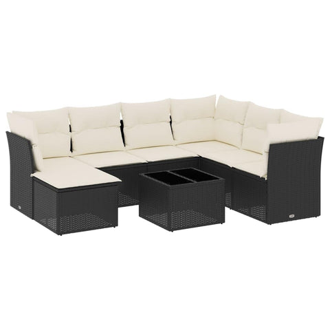 vidaXL Patio Sofa Set with Cushions 8 Piece, Sectional Sofa with Glass Table, Outdoor Conversation Set, Modern Style, Black Poly Rattan