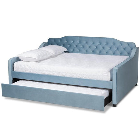 Baxton Studio Freda Light Blue Velvet Tufted Queen Size Wood Daybed with Trundle