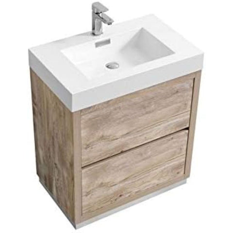 Oakestry Bliss 30 Inch Free Standing Bathroom Vanity Nature Wood Finish Modern Cabinet with Integrated Ceramic Sink and Soft Close Drawers for Small to Medium Bathrooms