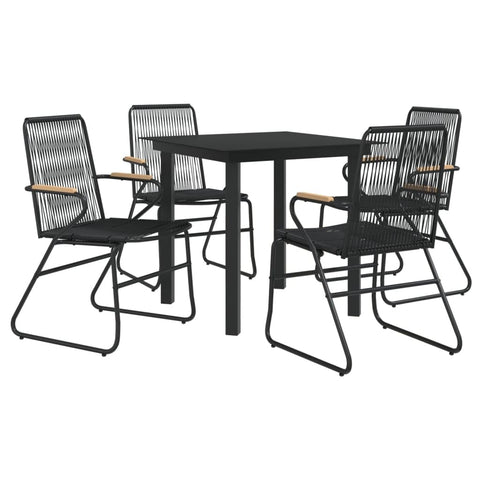 vidaXL 5-Piece Outdoor Patio Dining Set, PVC Rattan and Powder-Coated Steel Frame with Teak Wood Armrests - Weather-Resistant, UV Protection, Black