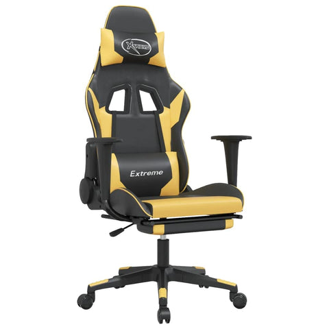 vidaXL Massage Gaming Chair for Adult, Reclining Computer Chair with Footrest and Headrest, Height Adjustable Office Chair with 360°-Swivel Castors, Black and Gold Faux Leather
