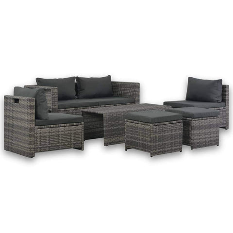 vidaXL 6 Piece Outdoor Patio Lounge Set with Cushions - Weather- PE Rattan Furniture - Modern Gray Lounge Chairs and Table Set for Garden or Patio.