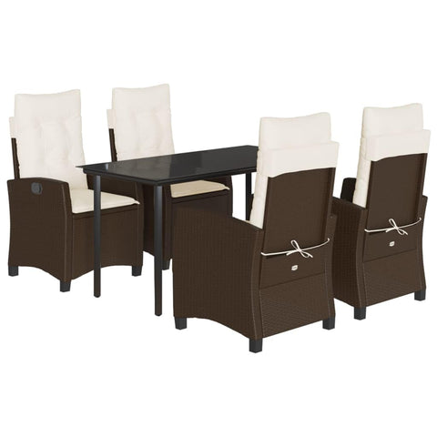vidaXL 5-Piece Patio Dining Set - Brown Poly Rattan, Glass Tabletop, Adjustable Reclining Chairs, Cushioned Seating for Garden/Backyard/Patio