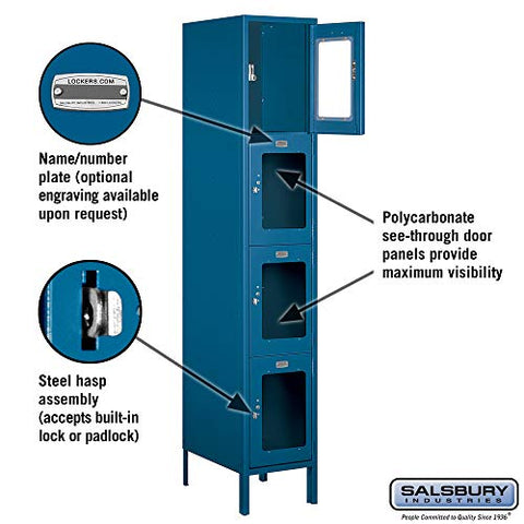 Salsbury Industries S-54168BL-A 15" Four Tier, 1 Wide x 6 Feet High x 18 Inches Deep, Assembled See-Through Metal Locker, Blue