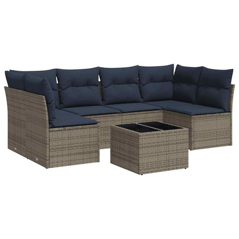 vidaXL Patio Sofa Set with Cushions 7 Piece, Patio Furniture with Glass Table, Outdoor Conversation Set, Modern Style, Gray Poly Rattan
