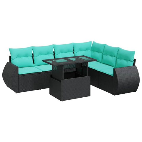 vidaXL 7 Piece Patio Sofa Set with Cushions Black Poly Rattan Acacia, Garden Sofa Set, Garden Lounge Set, Poly Rattan Sofa Set, Outdoor Sofa Set