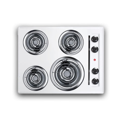 Summit 24" 4 Burner Electric Cooktop. 230 Volt Coil Electric Cooktop, White- WEL03