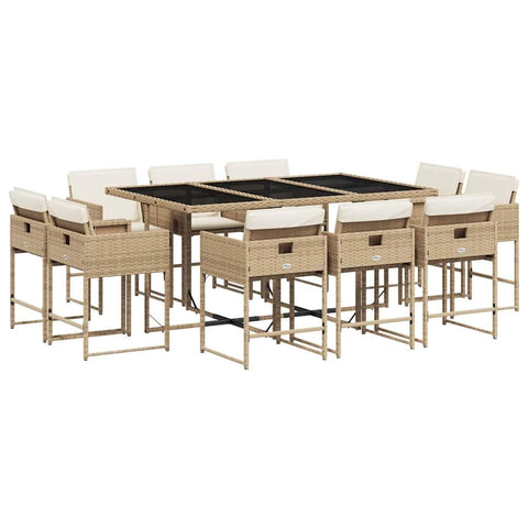 vidaXL 11-Piece Patio Dining Set with Cushions - Beige PE Rattan Includes Table and 10 Chairs, Weather-Resistant Material, Tempered Glass Top for Outdoor, Garden, Backyard or Deck