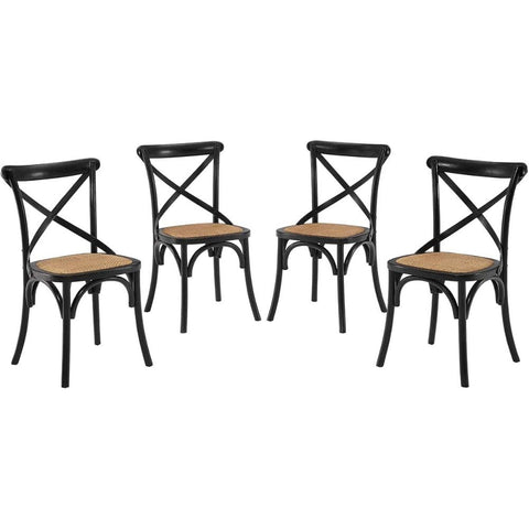 Oakestry Rustic Farmhouse Dining Chairs Set of 4 Solid Elm Wood Rattan Seat Vintage Black Accent Chairs for Kitchen Modern Country Dining Room Classic Woven Cane Backrest Stylish Seating