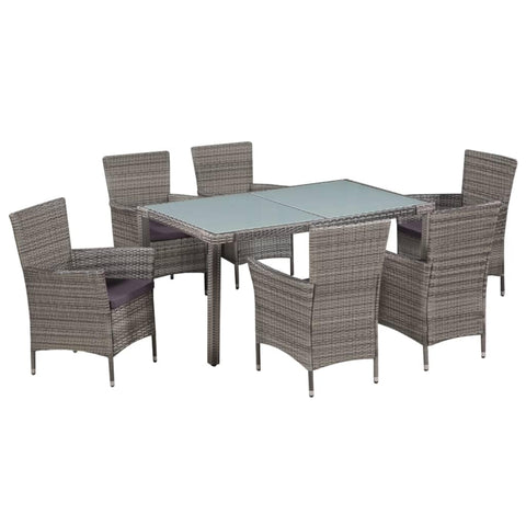 vidaXL Patio Dining Set 7 Piece, Dining Table Set with Glass Tabletop, Rattan Chairs with Cushions and Steel Legs, Outdoor Furniture Set, Poly Rattan Gray