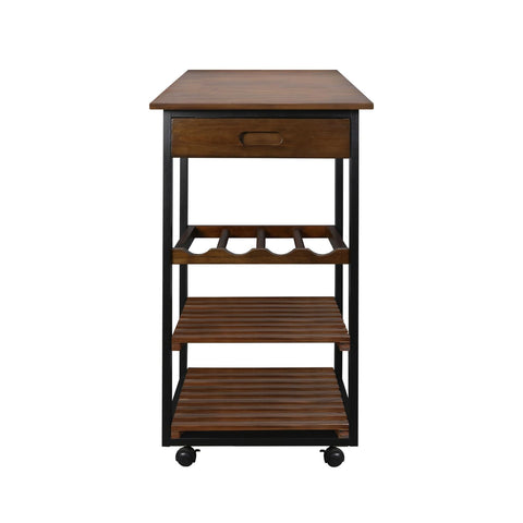 Casual Home Solid Wood 19" Wide Small 4-Tier Rolling Kitchen Cart with Wine Rack and Drawer, Mocha/Black