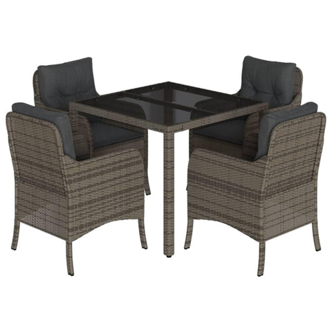 vidaXL - 5 Piece Gray Poly Rattan Patio Dining Set with Cushions - Garden, Backyard, and Patio Outdoor Furniture - Tempered Glass Tabletop