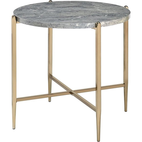 Acme Tainte Round Faux Marble Top End Table in Gray and Champagne