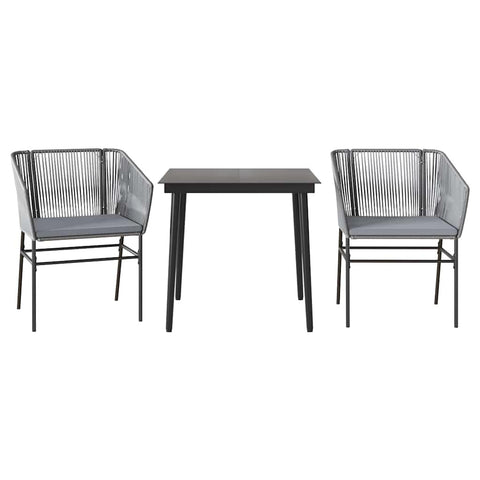 vidaXL 3 Piece Patio Dining Set - Gray Poly Rattan with Cushions & Glass Top - Outdoor Garden/Backyard Furniture - Weather- & Durable