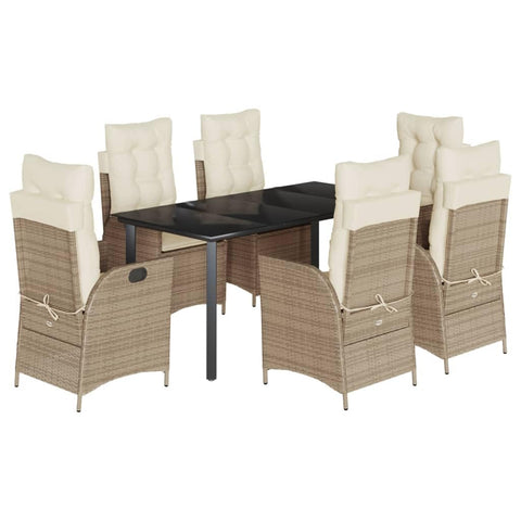 vidaXL - 7 Piece Patio Dining Set with Cushions - Beige Poly Rattan, Reclining Garden Chairs, Tempered Glass Table for Outdoor, Garden, Deck