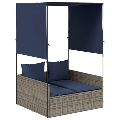 vidaXL Double Sun Lounger with Roof and Curtains Grey Poly Rattan