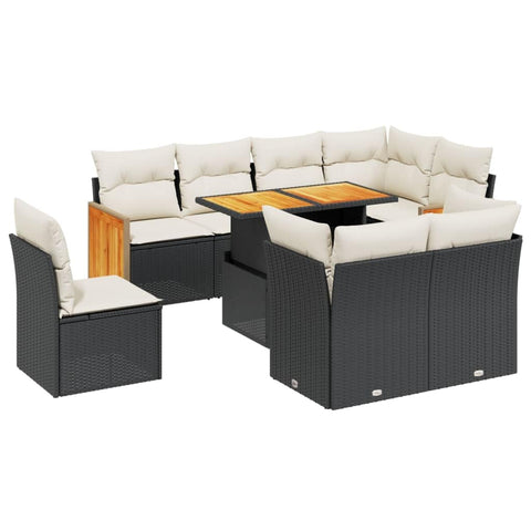 vidaXL Patio Sofa Set with Cushions 9 Piece, Outdoor Conversation Set, Sectional Sofa for Balcony Garden, Modern Style, Black Poly Rattan