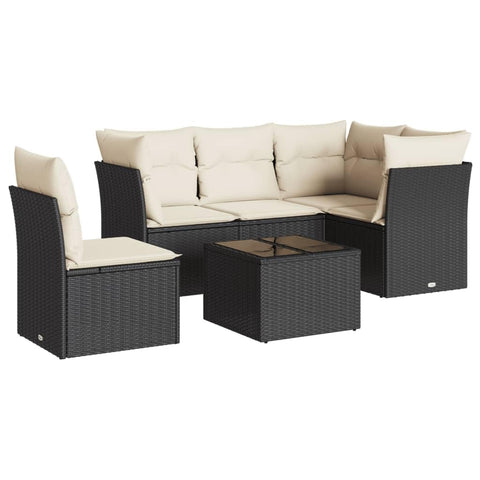 vidaXL Patio Sofa Set with Cushions 6 Piece, Sectional Sofa with Glass Table, Outdoor Conversation Set, Modern Style, Black Poly Rattan