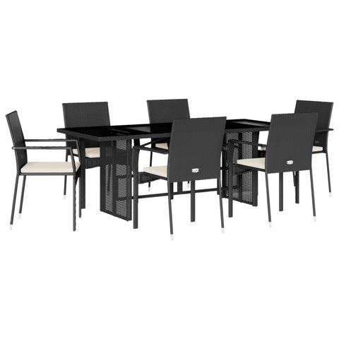 vidaXL 7 Piece Patio Dining Set with Cushions - Black Poly Rattan/Tempered Glass Table - Outdoor Garden Backyard Furniture