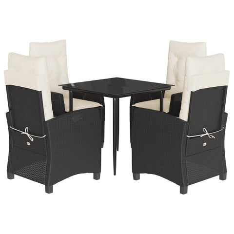 vidaXL 5 Piece Patio Dining Set - Adjustable Reclining Chairs with Cushions, Tempered Glass Tabletop, PE Rattan - Garden, Backyard, Patio Use - Black