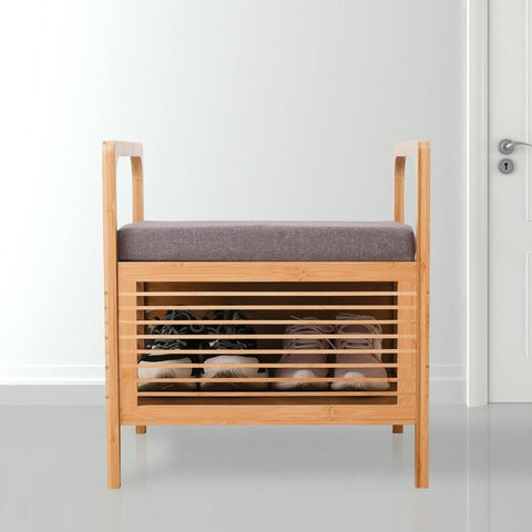 Oakestry Cambridge Bamboo Shoe Bench Square Wooden Entryway Organizer with Cushioned Seat Multi-Tier Storage Rack for Shoes Boots Space-Saving Hallway Furniture for Home Bedroom Mudroom Easy Assembly
