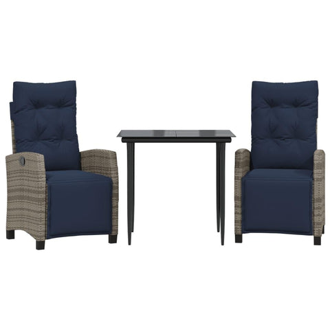 vidaXL 5-Piece Poly Rattan Outdoor Patio Dining Set - Adjustable Chairs, Tempered Glass Table Square, Navy Blue Cushions, Gray