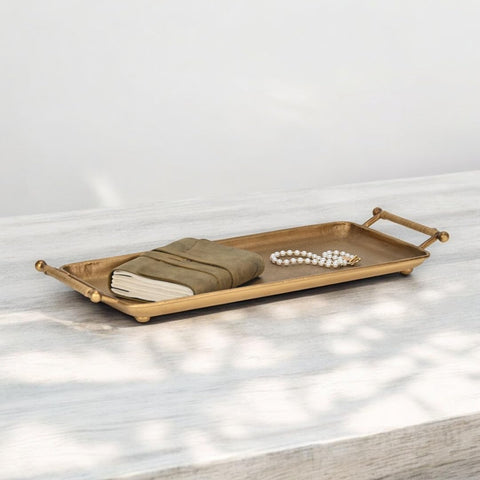 Syla Gold Metal Tray with Wicker Wrapped Handles - Rectangle Metal Tray, 21.5-Inch, Gold - Elegant Table Decor for Living Room - by Cheungs