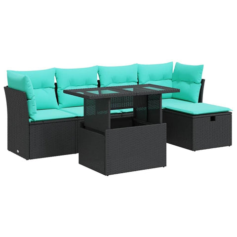 vidaXL 6 Piece Patio Sofa Set with Cushions Black Poly Rattan Acacia, Garden Sofa Set, Garden Lounge Set, Poly Rattan Sofa Set, Outdoor Sofa Set
