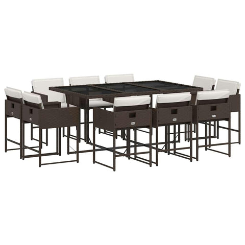 vidaXL Patio Dining Set with Cushions - 11 Piece Outdoor Furniture - Brown Poly Rattan - Glass Table - Washable Cushion Covers - Compact Folding Storage