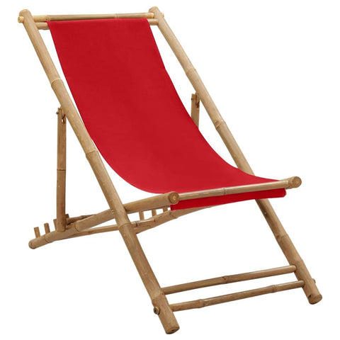 vidaXL Bamboo and Canvas Red Deck Chair | Adjustable Backrest | Patio, Beach, Campsite | Weather-Resistant & Durable | Foldable Design for Space Saving