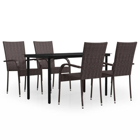 vidaXL 5-Piece Outdoor Patio Dining Set - PE Rattan Construction, Sturdy Powder-Coated Steel, Easy-to-Clean Glass Tabletop in Brown and Black