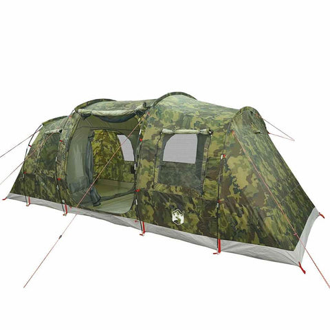 vidaxl Camping Tent Tunnel 4-Person Camouflage Waterproof shelter - 2 bedrooms, 3 Doors, 5 Windows, Portable Outdoor Gear