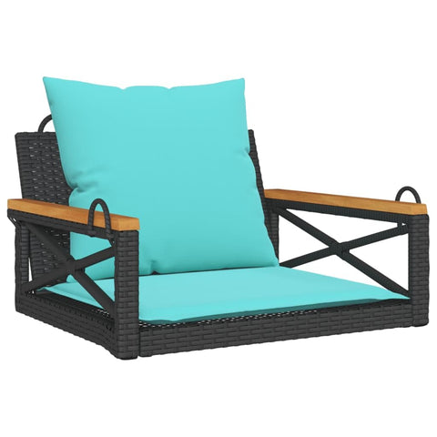vidaXL Swing Bench with Cushions - Black Poly Rattan Hammock Chair for Outdoor Garden Patio - 24.8"x24.4"x15.7" with Blue Cushions - Weather- and Durable Material