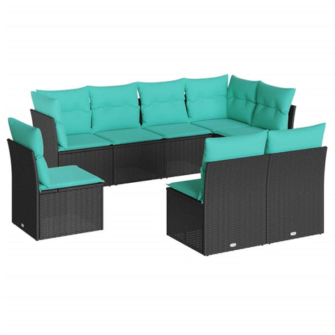 vidaXL Patio Sofa Set 8 Piece - Black Poly Rattan Outdoor Furniture - Cushioned, Modular, Weather- - for Backyard, Terrace, Patio - Includes 5 Center and 3 Corner Seats - Blue Cushions