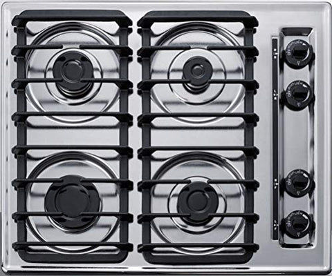 Summit 24" 4-Burner Gas Cooktop, Sealed Burners, Electric Ignition, 115V Gas Cooktop, Cast Iron Grates Included, Made in the USA, Stainless Steel Look - ZTL033S
